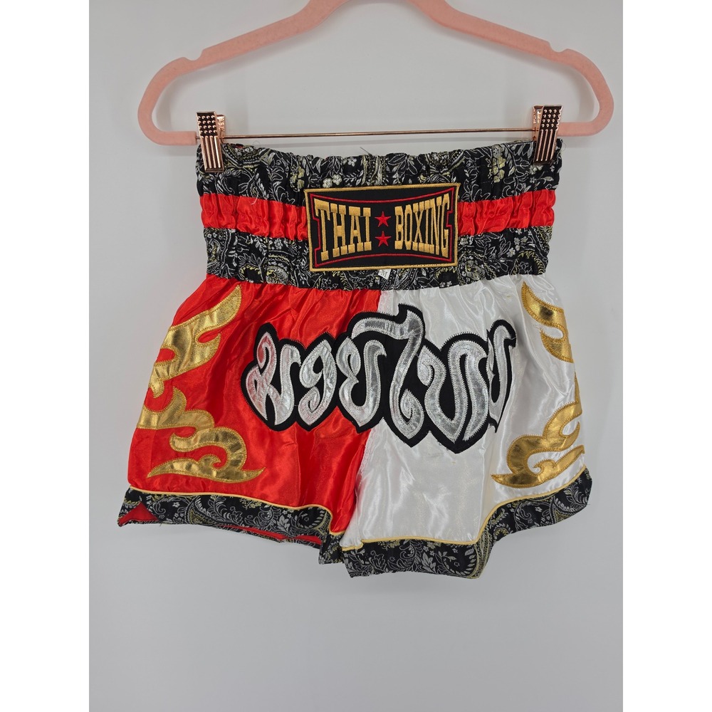 Thai Boxing Muay Thai Shorts Red White Satin Gold Flame Embroidery Mens Medium